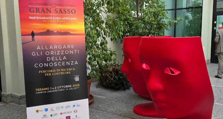 Conference banner in the atrium of the University of Teramo during the Eighth Euro-African Partnership Conference, October 2026.