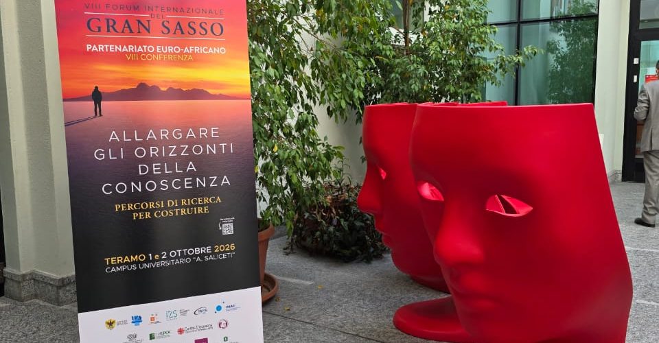 Conference banner in the atrium of the University of Teramo during the Eighth Euro-African Partnership Conference, October 2026.